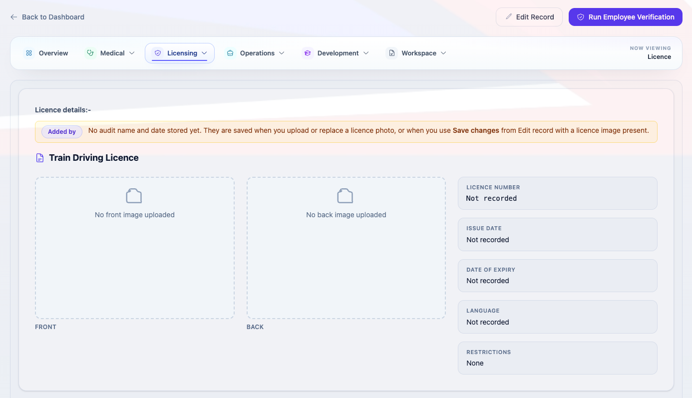 Train driving licence record with front and back image slots and expiry fields