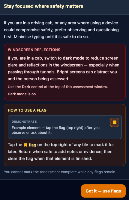 In-cab safety: dark mode for windscreen glare and flagging criteria to finish later.