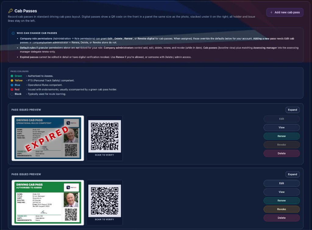 Two digital passes on one record — including an expired blue pass and a live green assess pass.