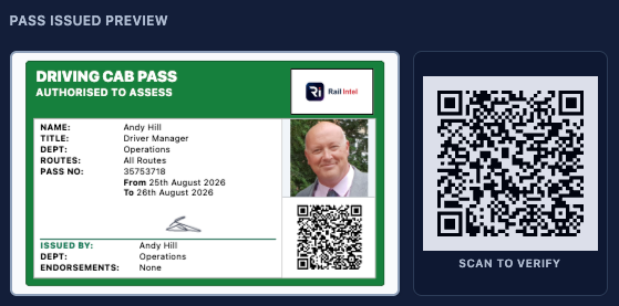 Issued pass with QR — scan to verify without a login.