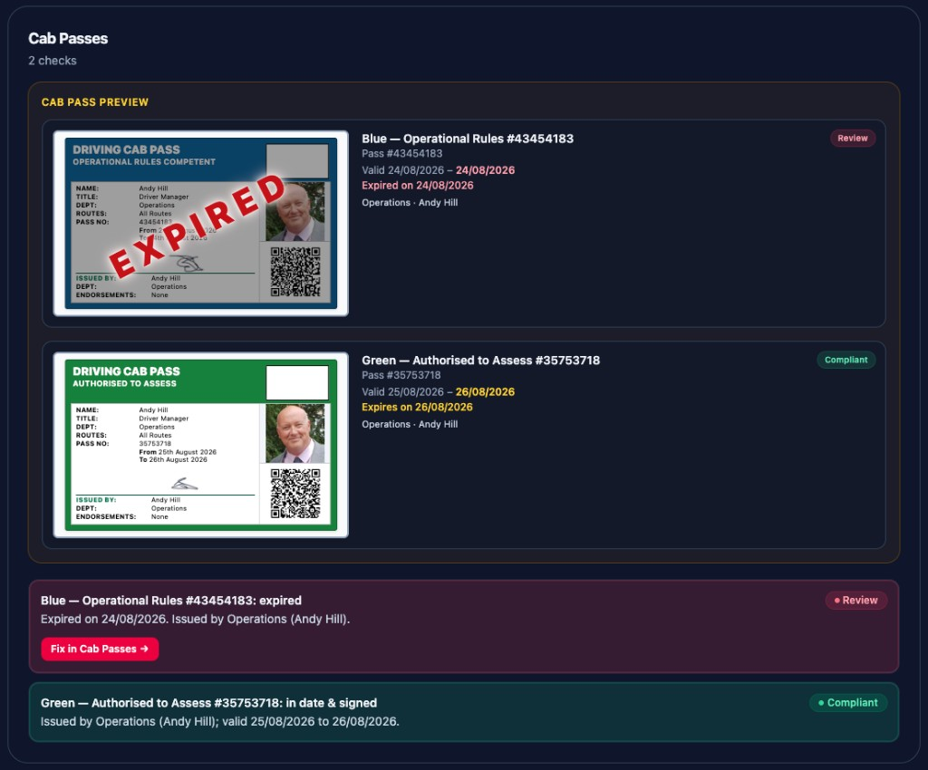 Cab Passes on the verification report — expired blue pass for review, green assess pass compliant.