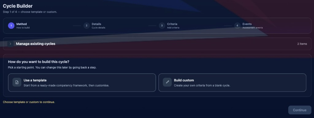 Cycle Builder: choose a template or build a custom competency cycle.